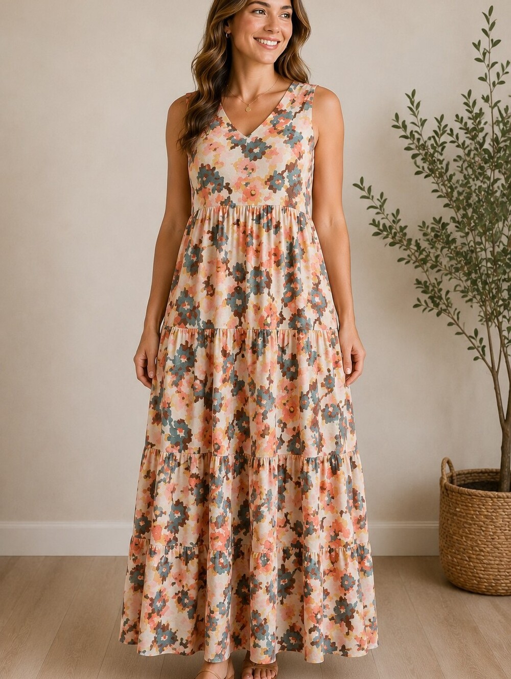 A-214 Sleeveless Floral Tiered Maxi Dress 100% Cotton Boho Small